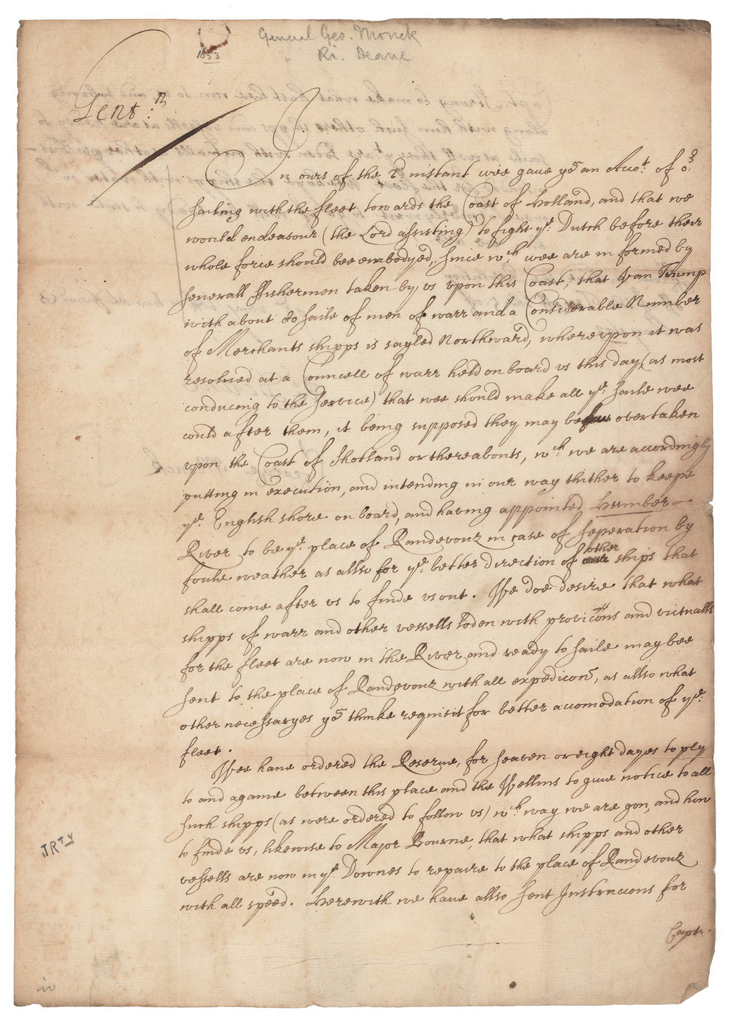Lot #450 Richard Deane and George Monck, 1st Duke of Albemarle Letter Signed - Image 1