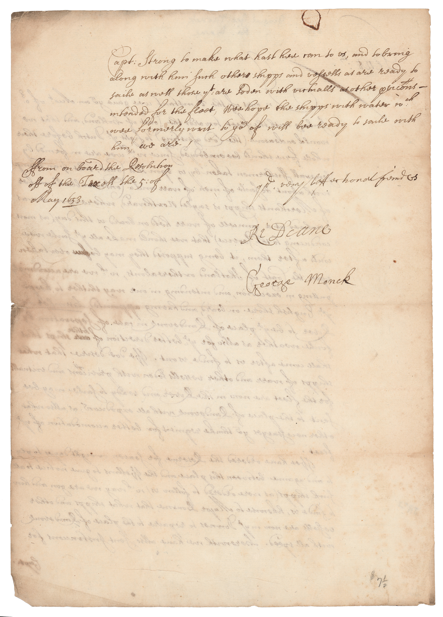 Lot #450 Richard Deane and George Monck, 1st Duke of Albemarle Letter Signed - Image 2