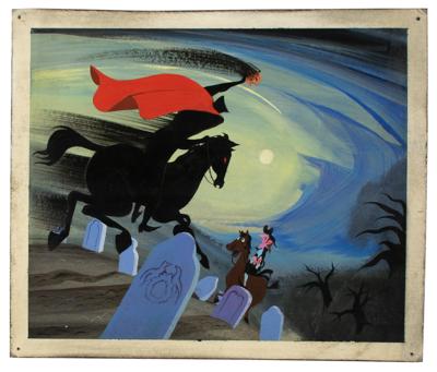 Lot #1029 Mary Blair concept storyboard painting of Ichabod and the Headless Horseman from The Legend of Sleepy Hollow: Vivid original artwork by Mary Blair—the Headless Horseman confronts Ichabod Crane in a moonlit graveyard - Image 1