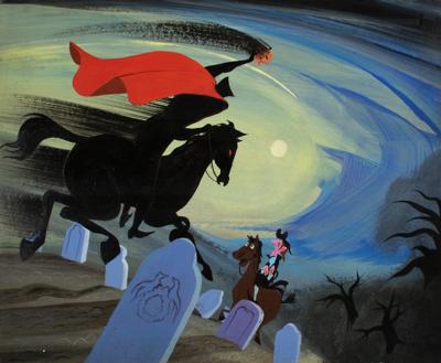 Lot #1029 Mary Blair concept storyboard painting of Ichabod and the Headless Horseman from The Legend of Sleepy Hollow: Vivid original artwork by Mary Blair—the Headless Horseman confronts Ichabod Crane in a moonlit graveyard - Image 2
