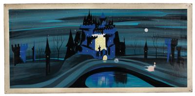 Lot #1030 Mary Blair concept panorama storyboard painting from Cinderella: Blair's dramatic conception of Cinderella fleeing the castle rendered in full panorama?one gleaming glass slipper left behind! - Image 1
