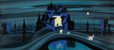 Lot #1030 Mary Blair concept panorama storyboard painting from Cinderella: Blair's dramatic conception of Cinderella fleeing the castle rendered in full panorama?one gleaming glass slipper left behind! - Image 2