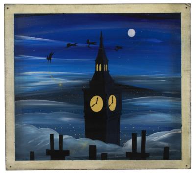 Lot #1035 Mary Blair concept storyboard painting from Peter Pan: Peter Pan and Tinker Bell teach the Darlings to fly in a brilliant Big Ben concept painting by Mary Blair - Image 1