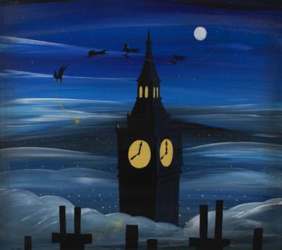Lot #1035 Mary Blair concept storyboard painting from Peter Pan: Peter Pan and Tinker Bell teach the Darlings to fly in a brilliant Big Ben concept painting by Mary Blair - Image 2
