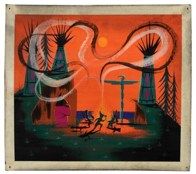Lot #1036 Mary Blair concept storyboard painting of the Indian Village from Peter Pan: Mary Blair concept art of Peter Pan's war dance in the Indian Village - Image 1
