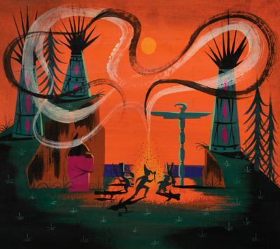 Lot #1036 Mary Blair concept storyboard painting of the Indian Village from Peter Pan: Mary Blair concept art of Peter Pan's war dance in the Indian Village - Image 2
