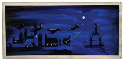 Lot #1034 Mary Blair concept panorama storyboard painting from Peter Pan: Panorama concept painting of the Darlings' night flight over London - Image 1