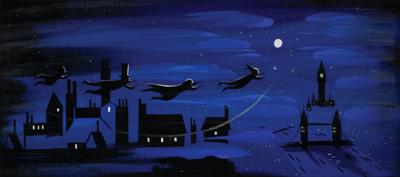 Lot #1034 Mary Blair concept panorama storyboard painting from Peter Pan: Panorama concept painting of the Darlings' night flight over London - Image 2