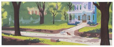 Lot #1037 Eyvind Earle concept panorama storyboard painting from Lady and the Tramp Concept Panorama Storyboard Painting - Image 1