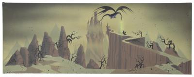 Lot #1040 Eyvind Earle concept panorama storyboard painting of Prince Philip, Samson, and Maleficent from Sleeping Beauty Concept Panorama Storyboard Painting - Image 1