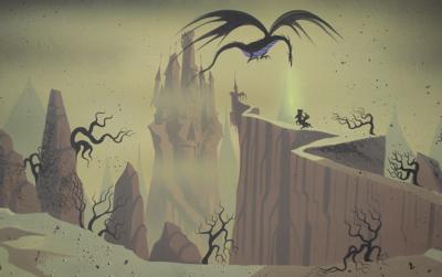 Lot #1040 Eyvind Earle concept panorama storyboard painting of Prince Philip, Samson, and Maleficent from Sleeping Beauty Concept Panorama Storyboard Painting - Image 2