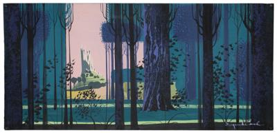 Lot #1042 Eyvind Earle storyboard painting from Sleeping Beauty: Wonderful Eyvind Earle concept painting of Sleeping Beauty's hilltop castle - Image 1