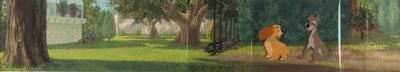 Lot #1004 Lady and Tramp production cels on a panoramic master background from Lady and the Tramp Production Cels On Eyvind Earle Master Background - Image 1