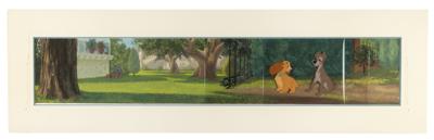 Lot #1004 Lady and Tramp production cels on a panoramic master background from Lady and the Tramp Production Cels On Eyvind Earle Master Background - Image 2
