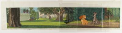Lot #1004 Lady and Tramp production cels on a panoramic master background from Lady and the Tramp Production Cels On Eyvind Earle Master Background - Image 3