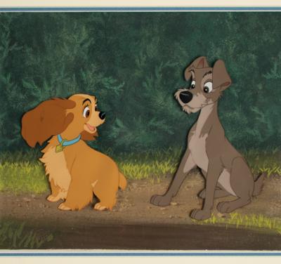Lot #1004 Lady and Tramp production cels on a panoramic master background from Lady and the Tramp Production Cels On Eyvind Earle Master Background - Image 4