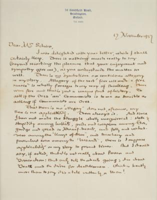 Lot #633 J. R. R. Tolkien: Marvelous, content-rich handwritten letter from Tolkien, refuting the presence of symbolism or allegory in Middle-earth: 