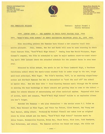 Lot #4503 Ramones 1977 Press Kit and Rock 'N' Roll High School Press Release - Image 1
