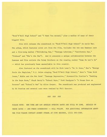 Lot #4503 Ramones 1977 Press Kit and Rock 'N' Roll High School Press Release - Image 2