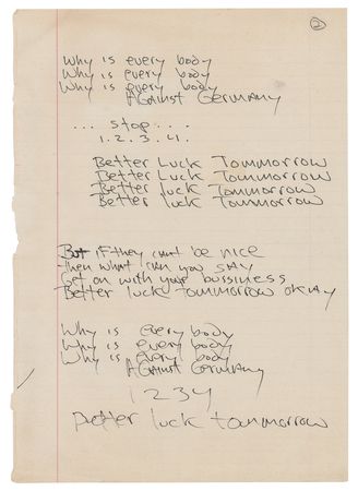 Lot #4469 Dee Dee Ramone Handwritten Lyrics for 'Why Is Everybody Always Against Germany' - Image 2