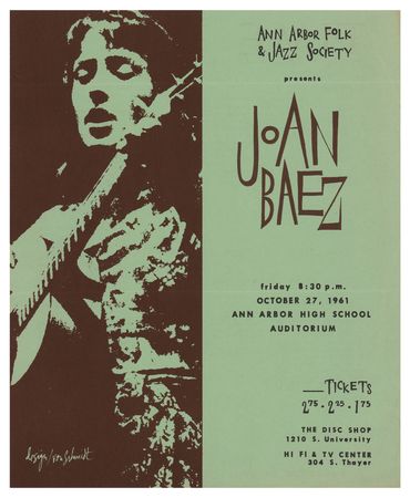 Lot #4256 Joan Baez 1961 Ann Arbor High School Auditorium Handbill - Image 1