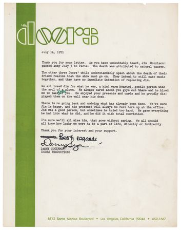 Lot #4124 The Doors: Danny Sugerman Typed Form