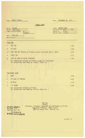 Lot #4605 Prince 'For You' Test Pressing and Promotional Album  - Image 1