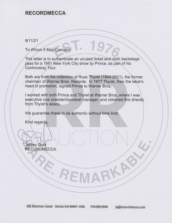 Lot #4609 Prince 1981 Palladium NYC Ticket and Backstage Pass - Image 2
