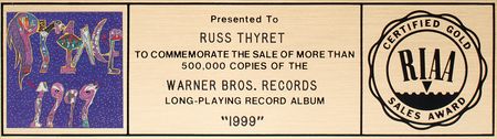 Lot #4612 Prince '1999' RIAA Sales Award Presented to Russ Thyret - Image 3