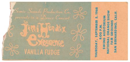 Lot #4081 Jimi Hendrix Experience and Vanilla Fudge 1968 San Bernardino Ultra Rare Ticket Stub - Image 1