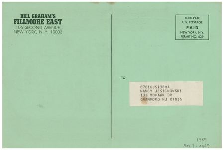 Lot #4141 Led Zeppelin and The Who 1969 Fillmore East Postcard Handbill - Image 2