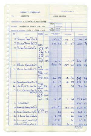 Lot #4055 John Lennon and Paul McCartney (5) Royalty Statements from 1971 - Image 1