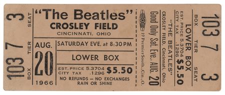 Lot #4002 Beatles 1966 Crosley Field Unused Concert Ticket - Image 1