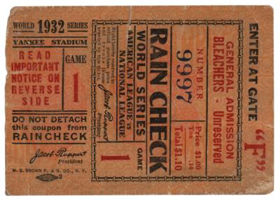 Lot #985 New York Yankees 1932 World Series Ticket Stub Ticket Stub - Image 1