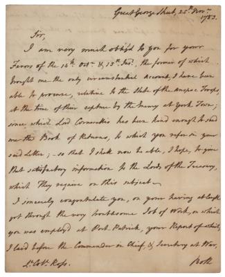 Lot #477 William Fawcett: The British Adjutant-General acknowledges information relative to the 