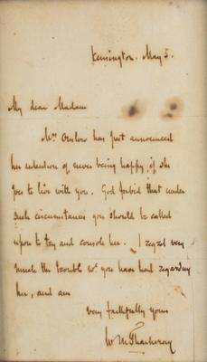 Lot #729 William Makepeace Thackeray: Thackeray relays a stubborn response to a potential caretaker, citing an “intention of never being happy if she goes to live with you