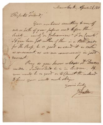 Lot #250 John Dalton: Dalton writes to Dr. Roget, requesting his papers 