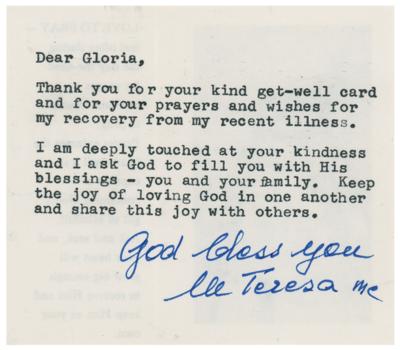 Lot #362 Mother Teresa Typed Note Signed - Image 1