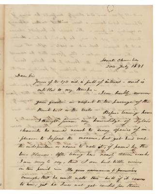 Lot #430 Levi Woodbury: On President Tyler and the 1841 Bank Bill: 