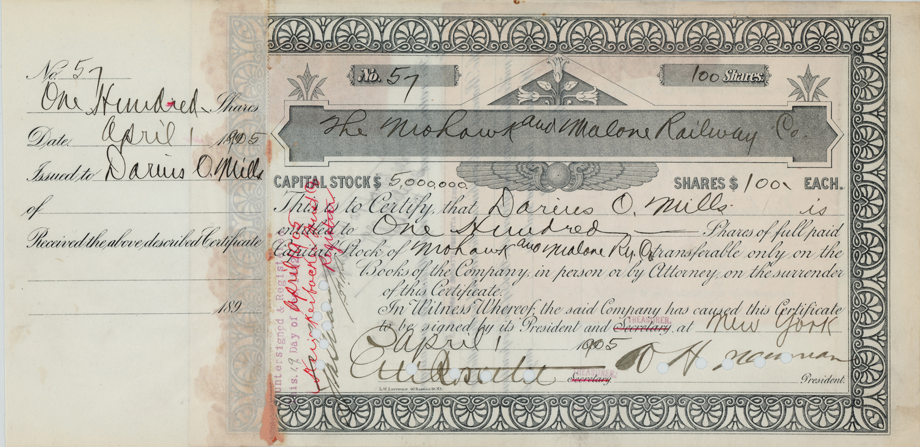 Lot #357 Darius Ogden Mills Signed Stock Certificate - Image 1