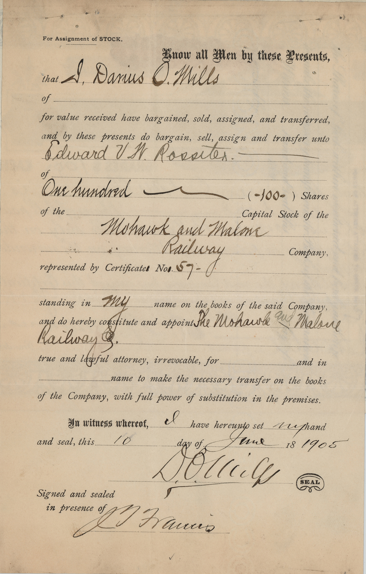 Lot #357 Darius Ogden Mills Signed Stock Certificate - Image 2