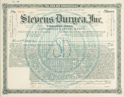 Lot #492 Stevens Duryea, Inc. Automotive Stock Certificate - Image 1