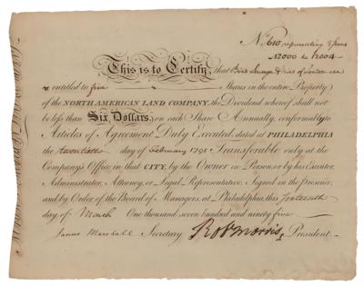 Lot #97 Robert Morris Signed Stock Certificate