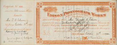 Lot #141 Thomas Edison: Rare signed Edison Phonograph Works stock certificate, issued to 