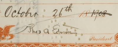 Lot #141 Thomas Edison: Rare signed Edison Phonograph Works stock certificate, issued to 