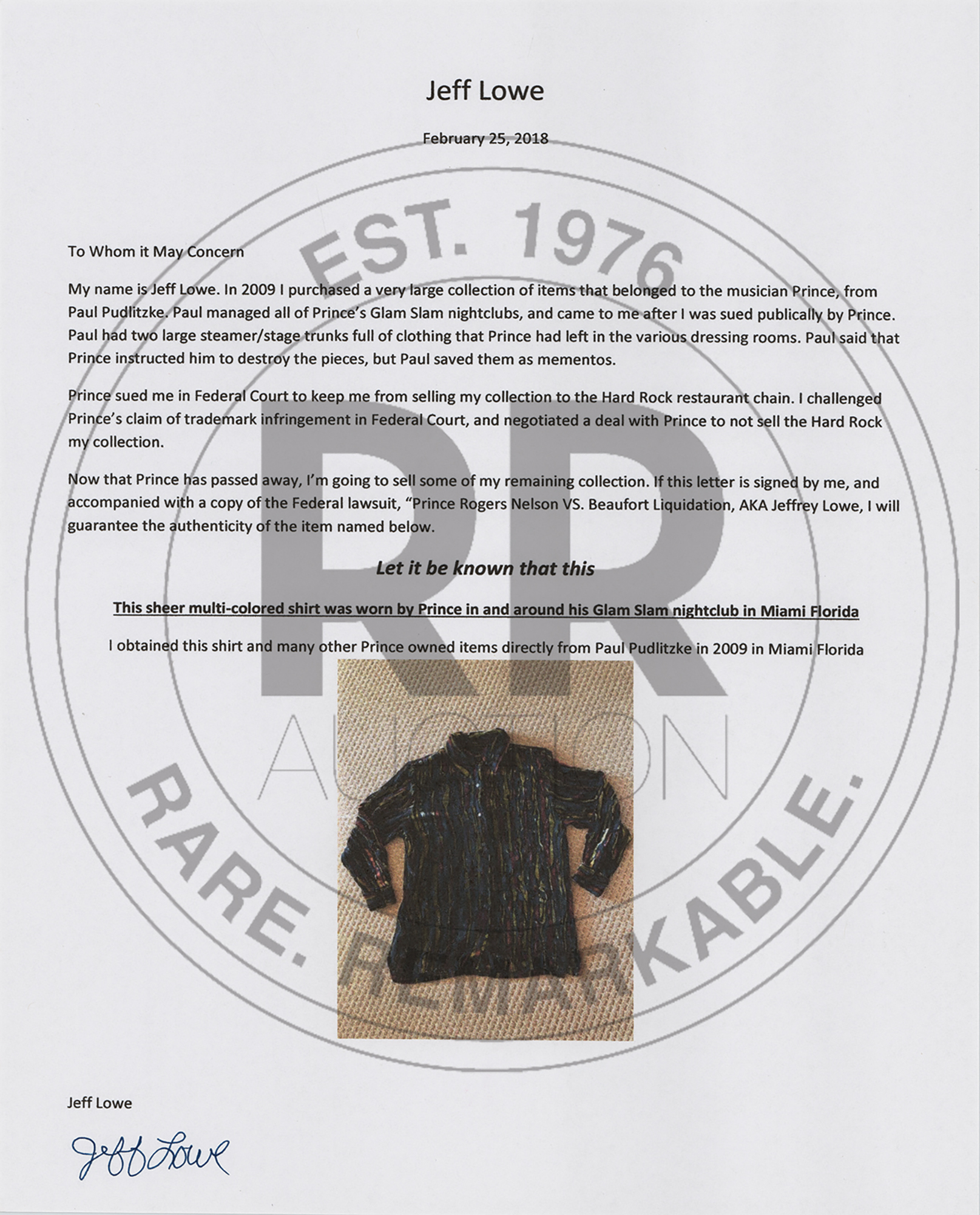 Lot #775 Prince's Personally-Worn Dark Multicolor Shirt - Image 4