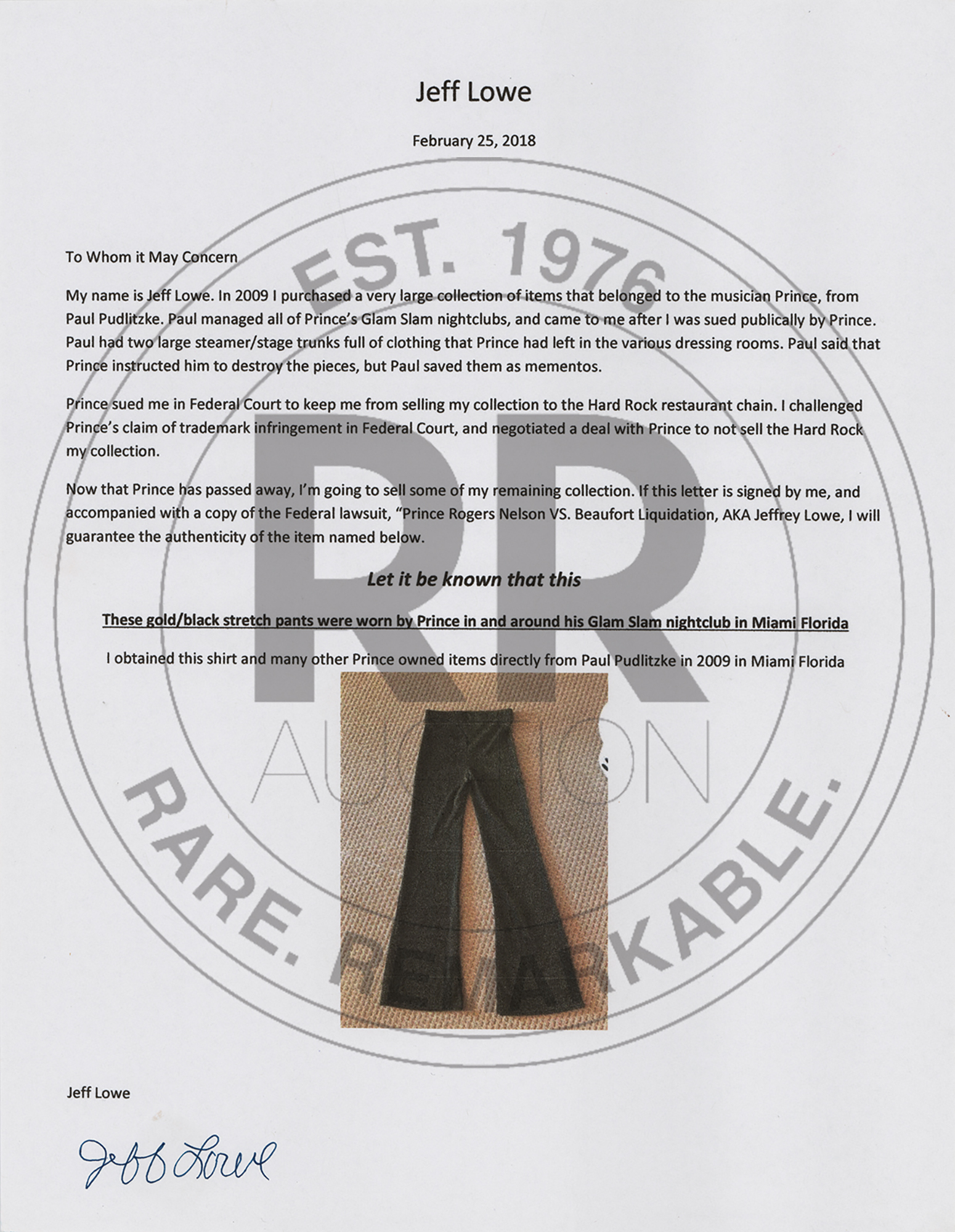 Lot #776 Prince's Personally-Worn Gold and Black Pants Pants - Image 4