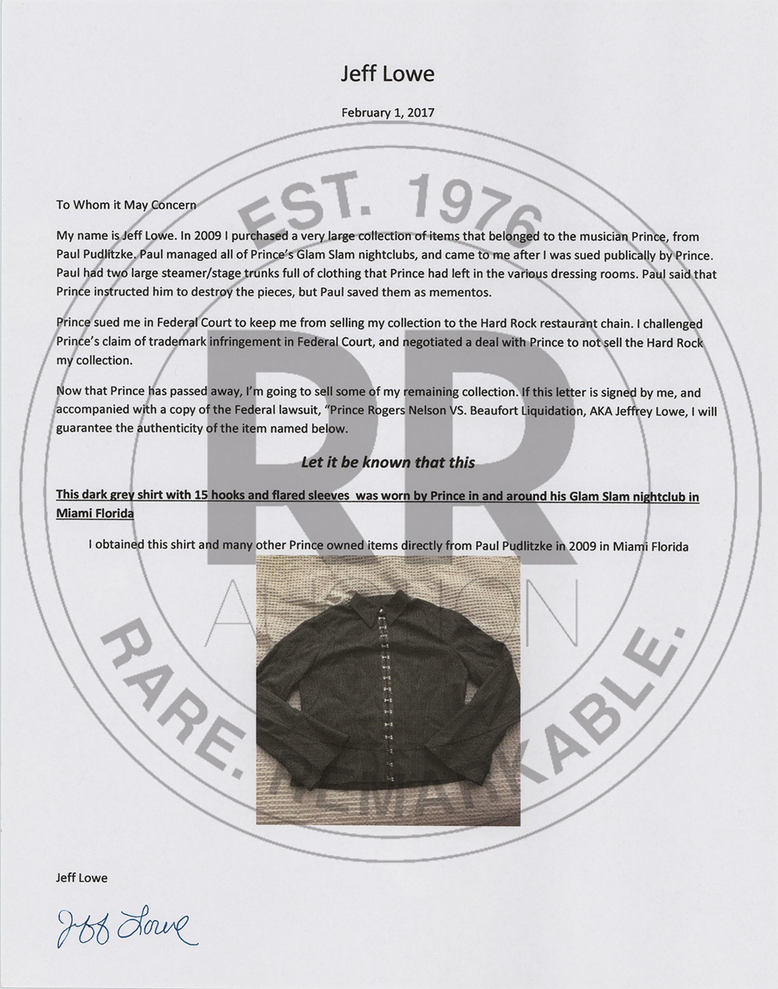 Lot #774 Prince's Personally-Worn Dark Gray Top Top - Image 4