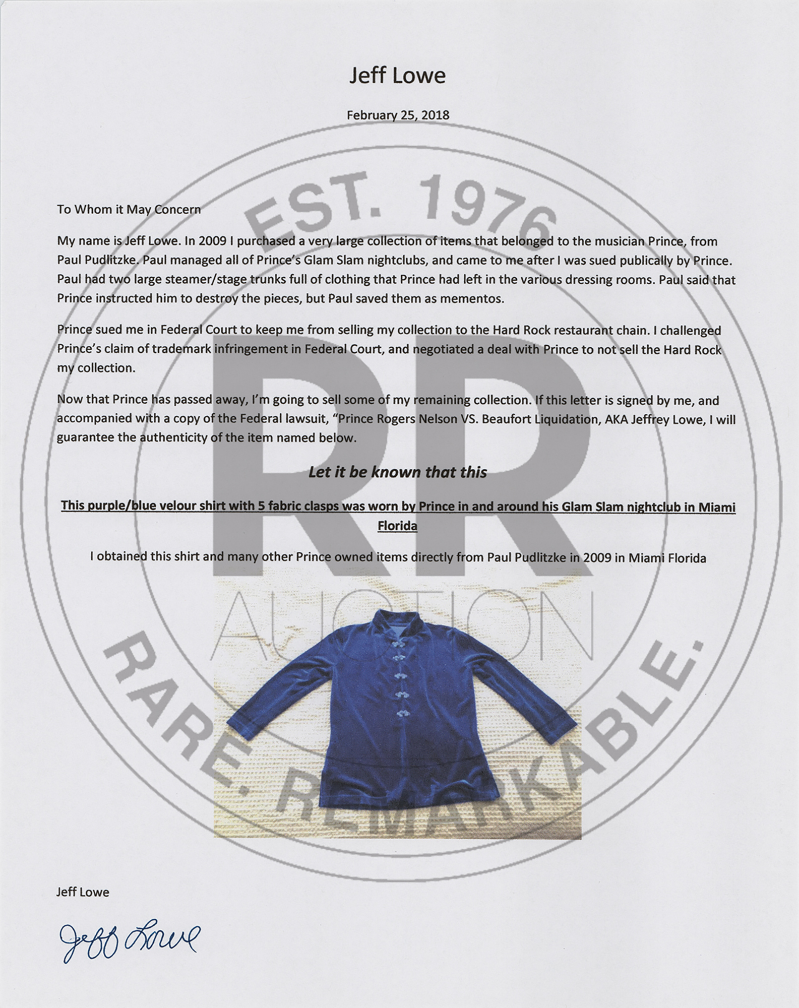 Lot #772 Prince's Personally-Worn Blue Velvet Jacket Jacket - Image 5