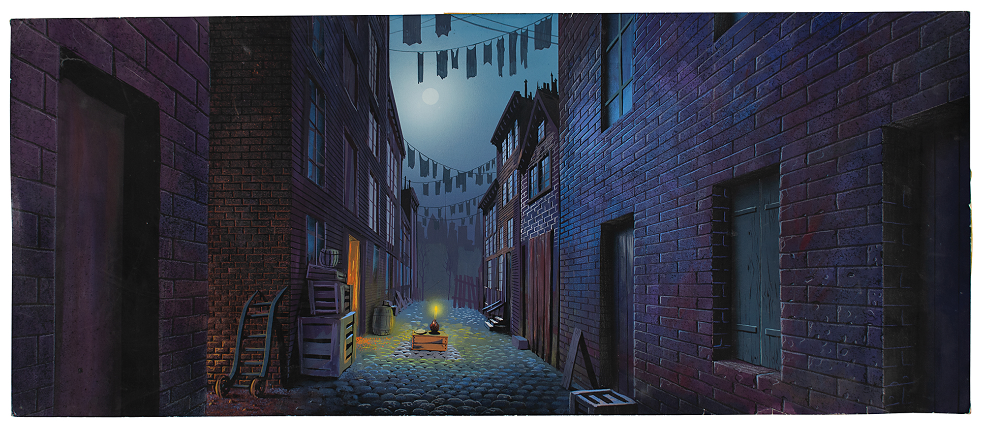 Lot #639 Eyvind Earle preliminary concept background painting from Lady and the Tramp ('Bella Notte'): Remarkable preliminary panorama painting by Eyvind Earle for the romantic 'Bella Notte' sequence - Image 1